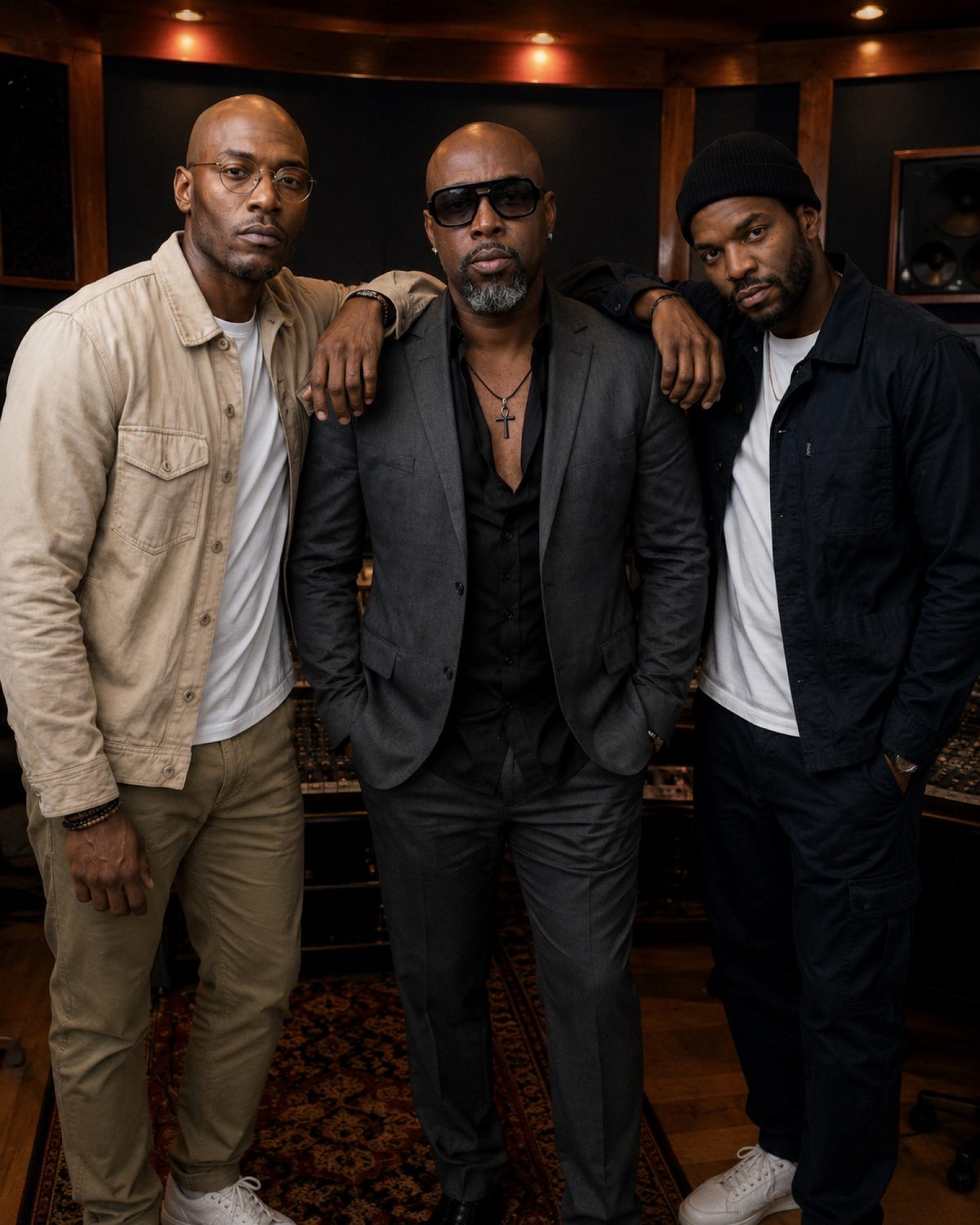 Luner Eugene in the studio, standing between Malik and Sham